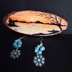 808 beads Turquoise toned dangle earring with wood slice art piece